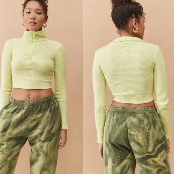 BDG Neon Waffle Knit Quarter Zip Crop Top - Picture 1 of 10